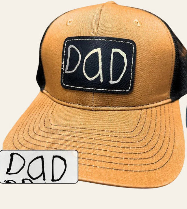 Engraved leather patch hat with child's handwriting on duck brown and black snapback