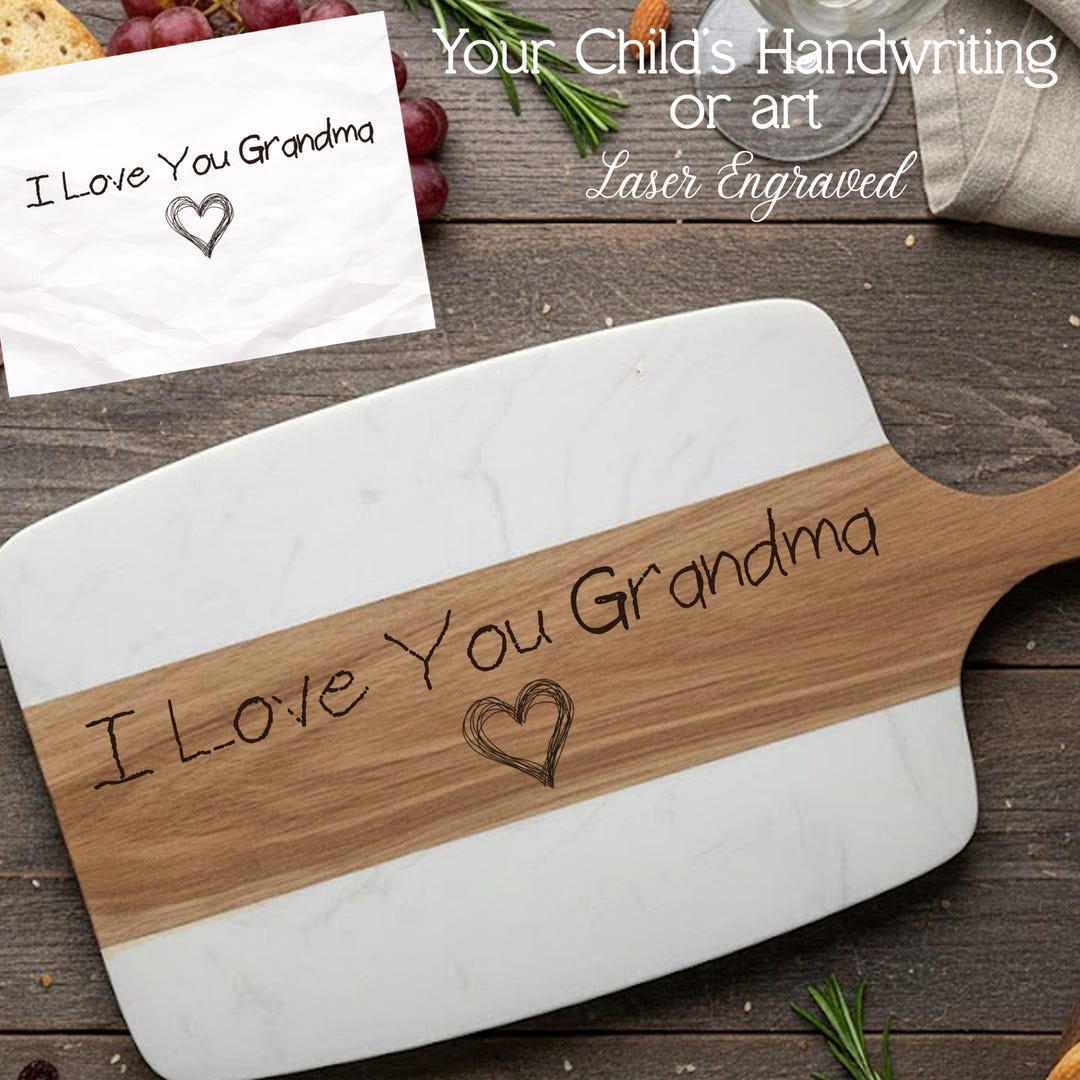 Kids drawing cutting board engraved with 'I Love You Grandma' message on marble and wood