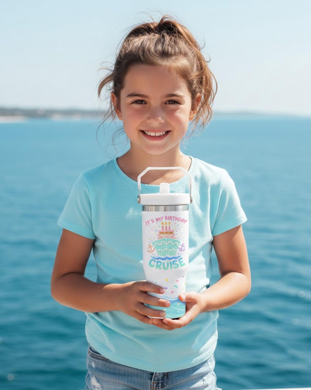 Birthday cruise tumbler featuring It is My Birthday Cruise text with cake and ship graphic on blue ocean