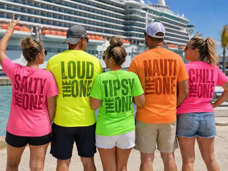Funny cruise crew tee with a custom THE ___ ONE back design in neon colors