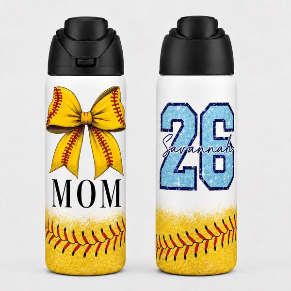 Personalized Softball Mom 32oz Water Bottle, Custom Name and Number