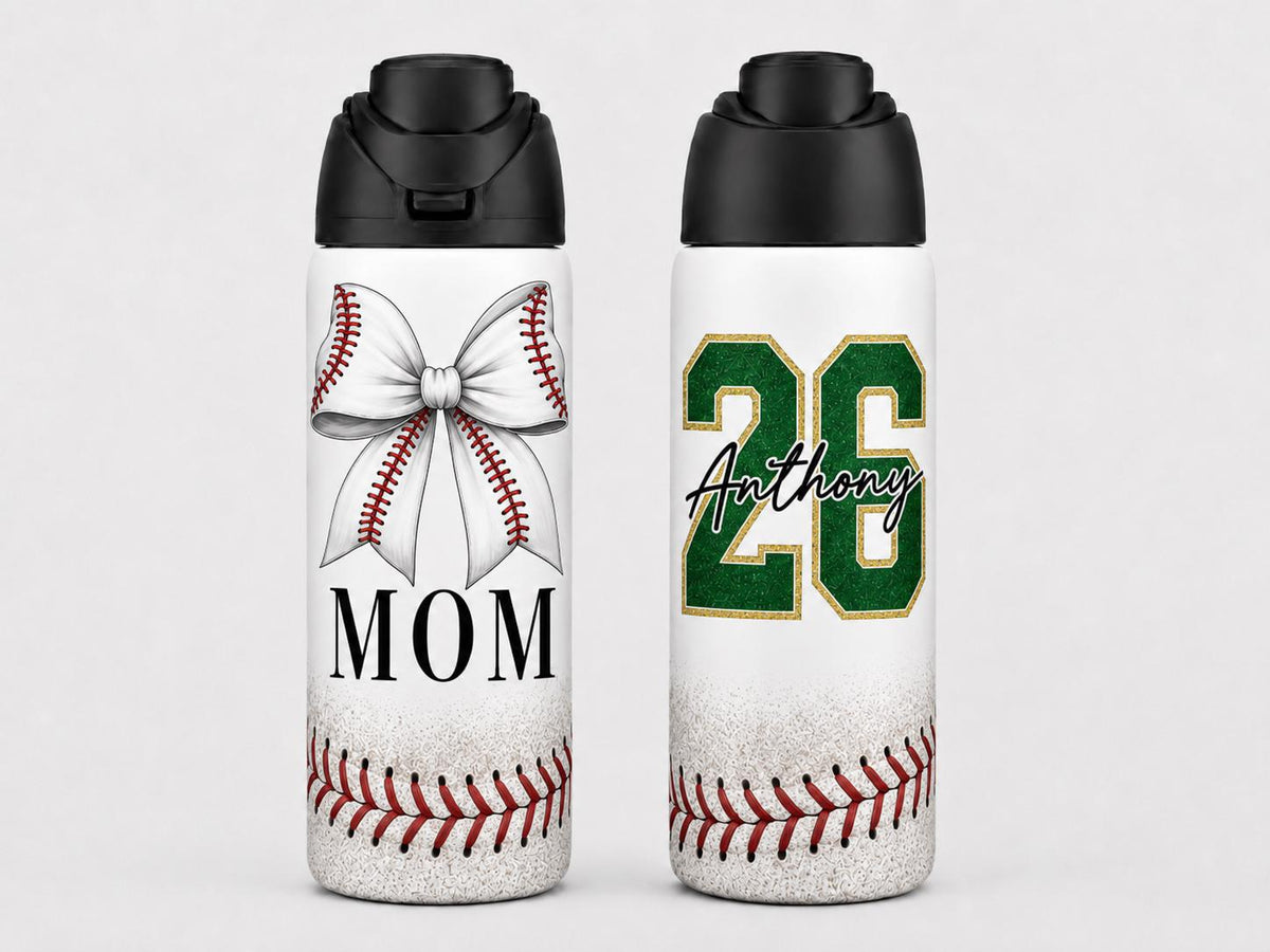 Personalized Baseball Mom 32oz Water Bottle, Custom Name and Player Number