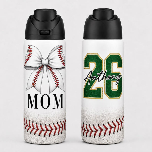 Personalized Baseball Mom Water Bottle – 32oz Insulated Stainless Steel with Custom Name & Player Number