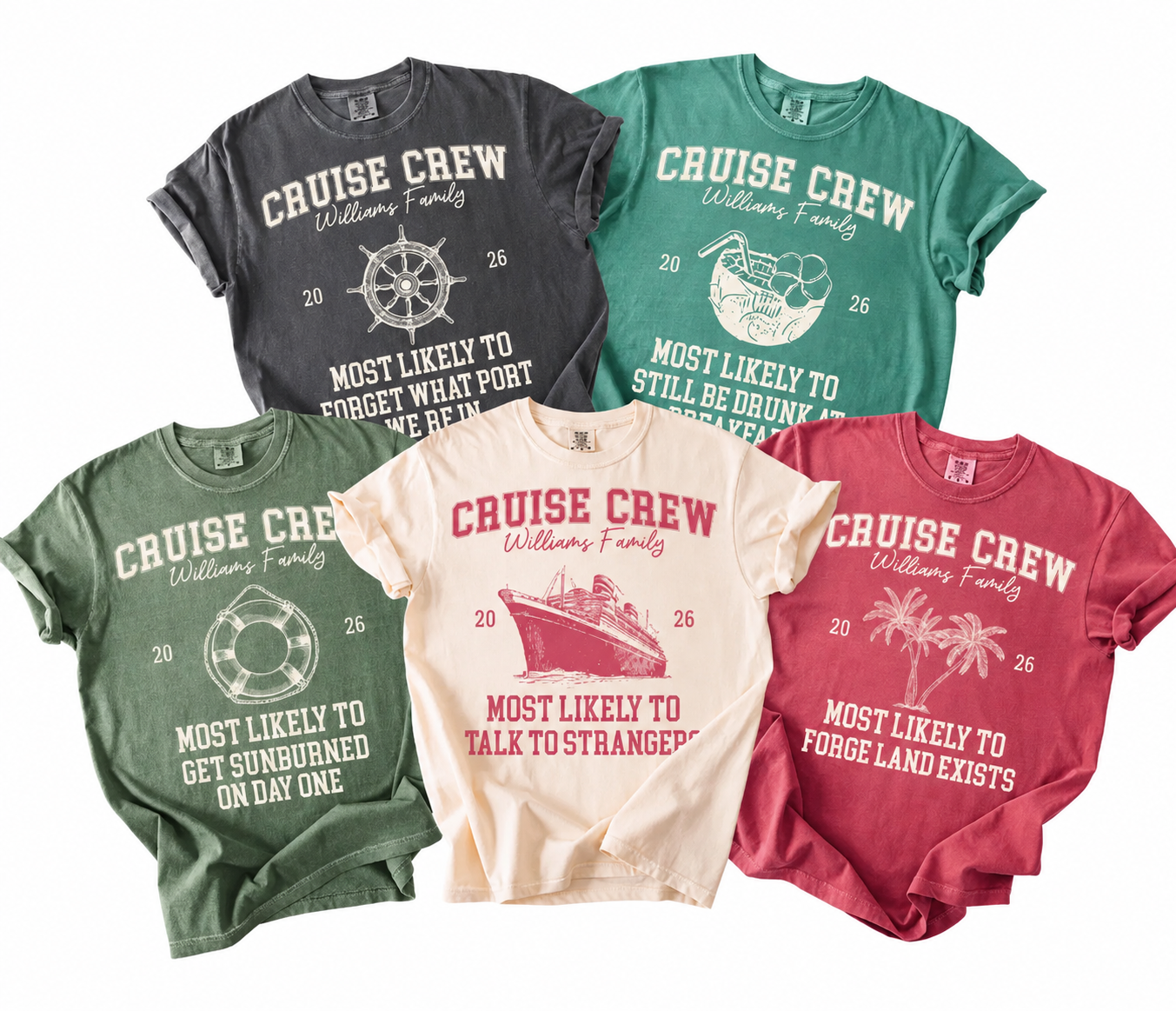 Cruise Crew Most Likely To tee -- 5 color examples with custom phrases and icons