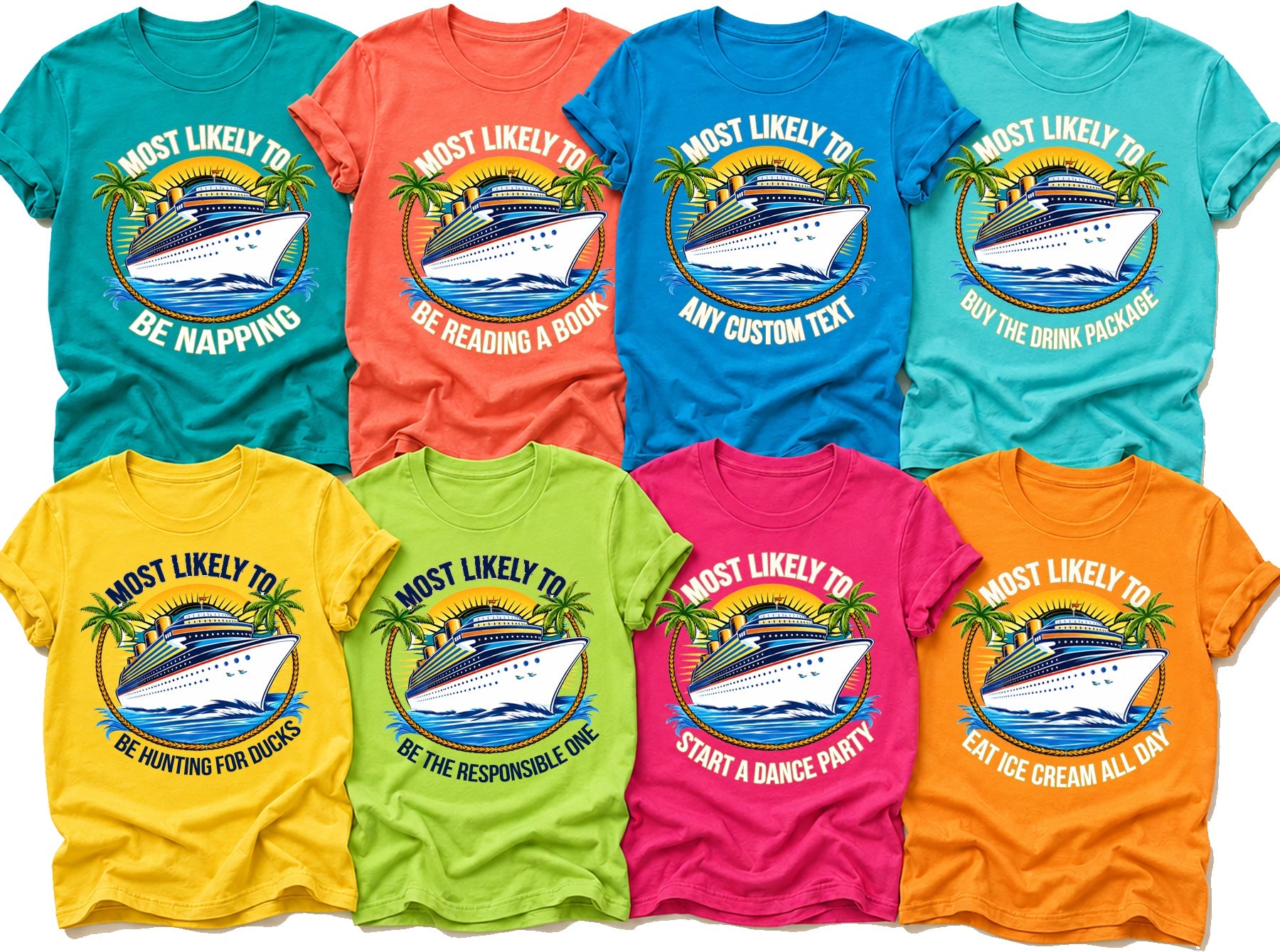 Custom Most Likely To family cruise t-shirts shown in multiple colors