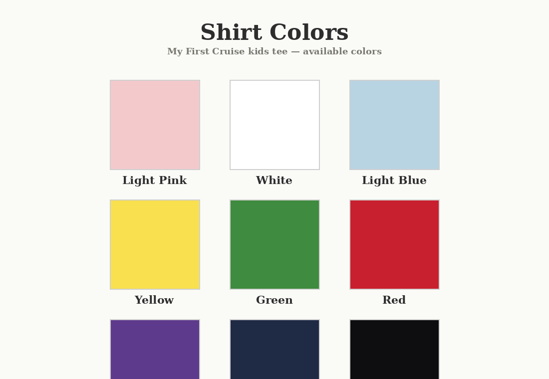 Shirt color chart - 9 colors available