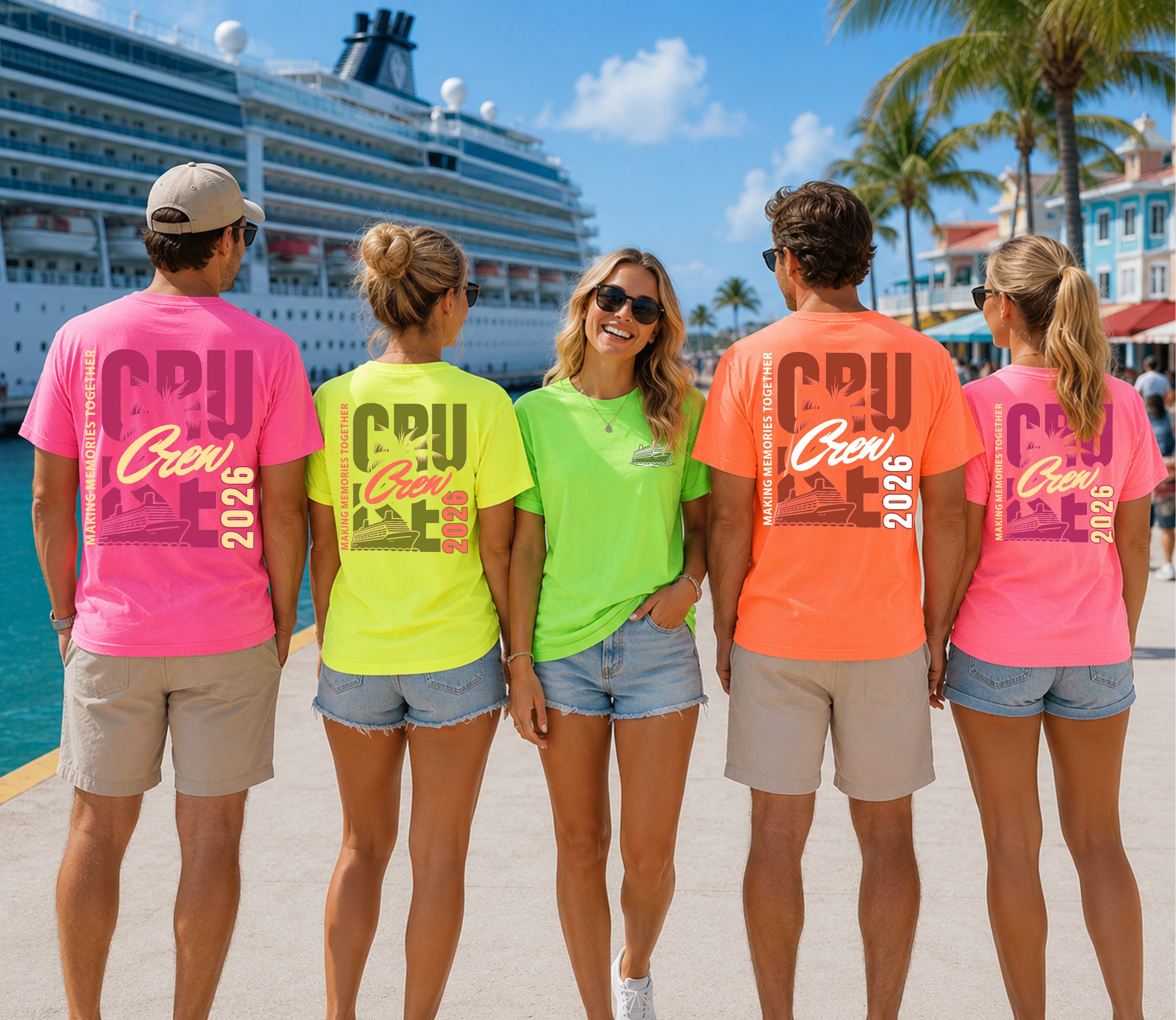 Neon Cruise Crew Making Memories matching group cruise shirt in neon colors
