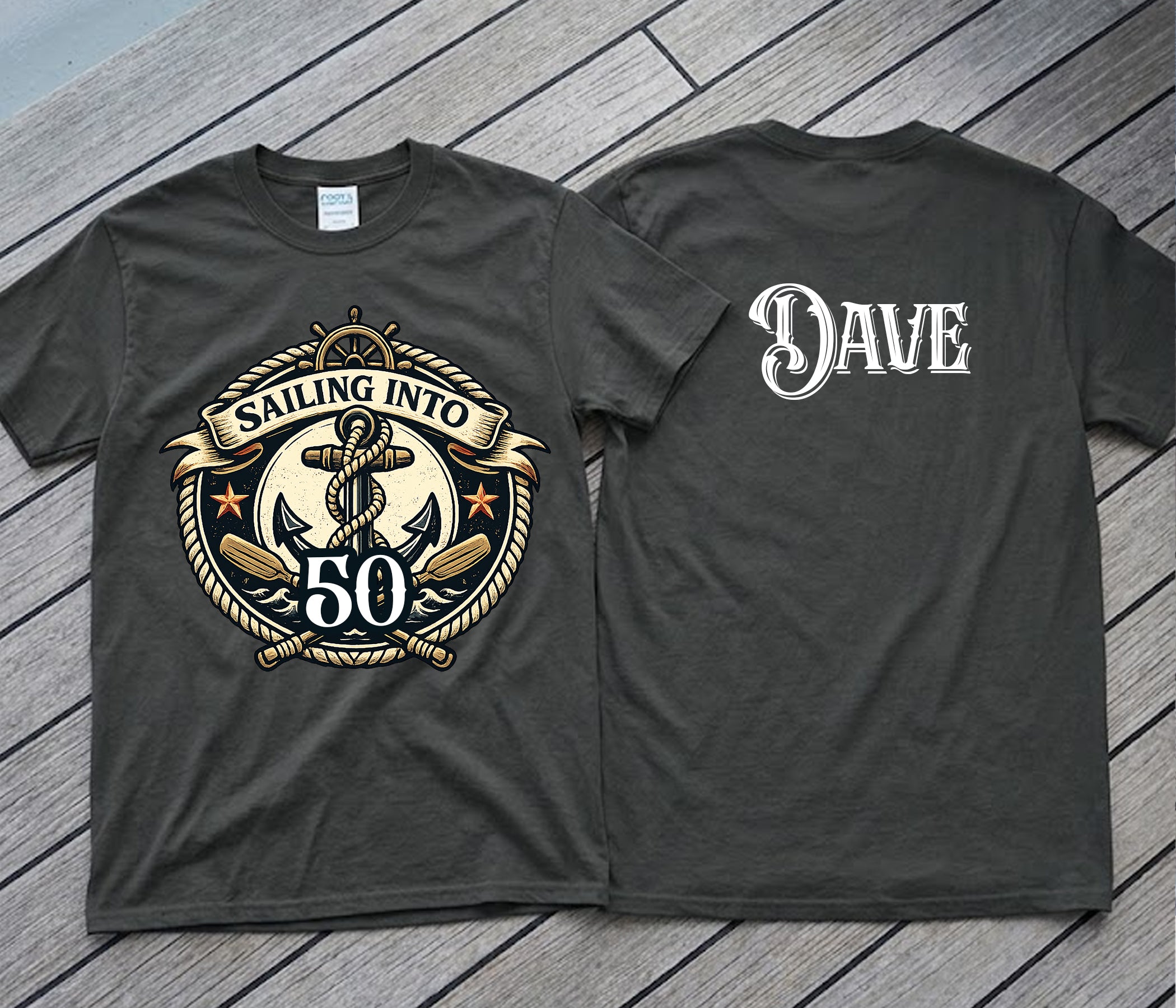 Sailing Into milestone age cruise birthday tee -- vintage nautical crest front, name on back