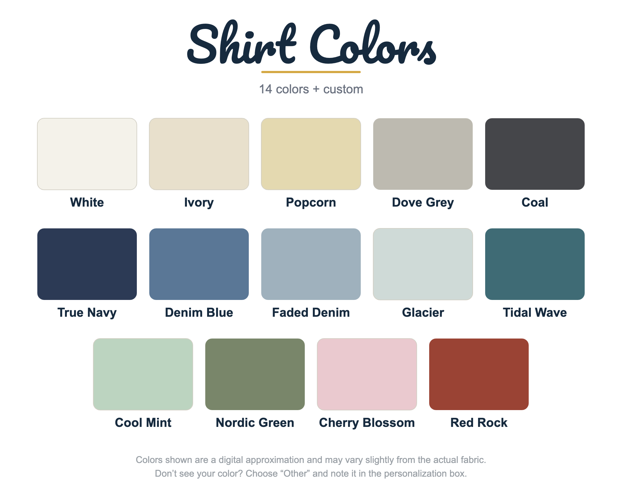 Shirt Colors chart - 14 colors plus custom
